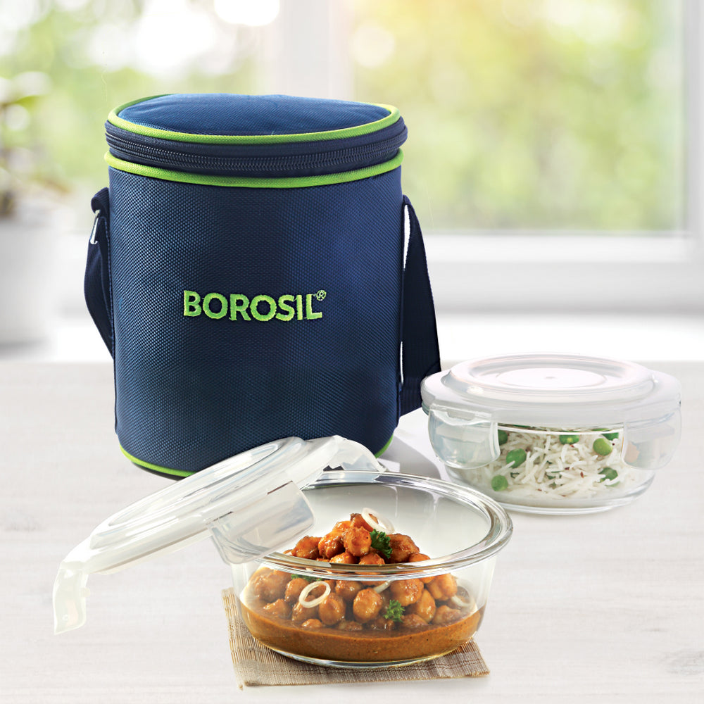 My Borosil Glass Lunchboxes 400 ml x 2 Blue Glass Lunchbox, Round x 2 (Tall)