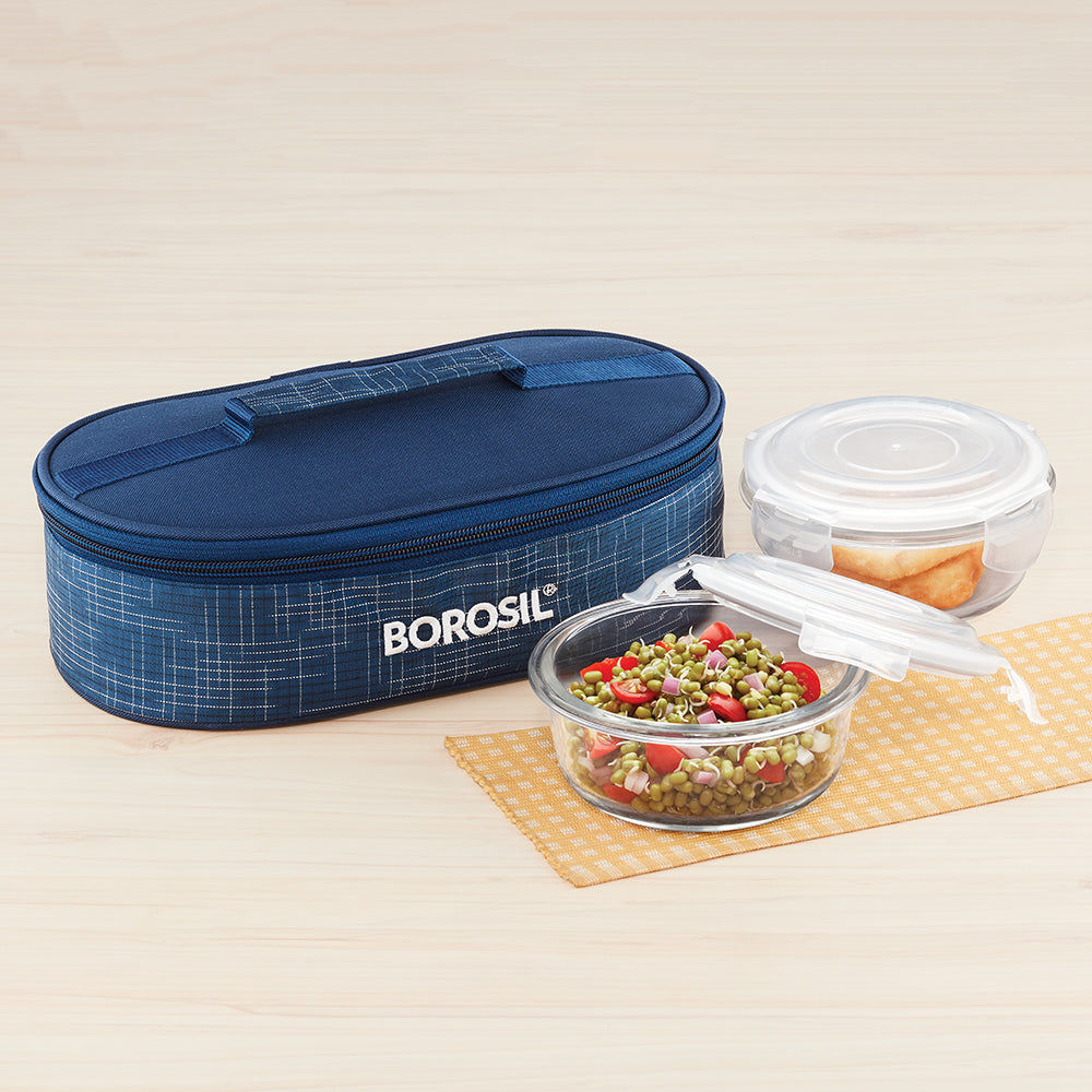 My Borosil Glass Lunchboxes 400 ml x 2 Indigo Glass Lunchbox, Round x 2 (Flat Bag)