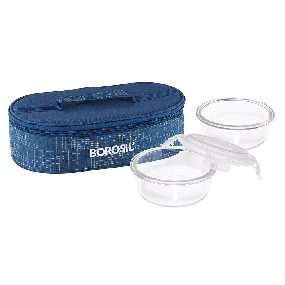 My Borosil Glass Lunchboxes 400 ml x 2 Indigo Glass Lunchbox, Round x 2 (Flat Bag)