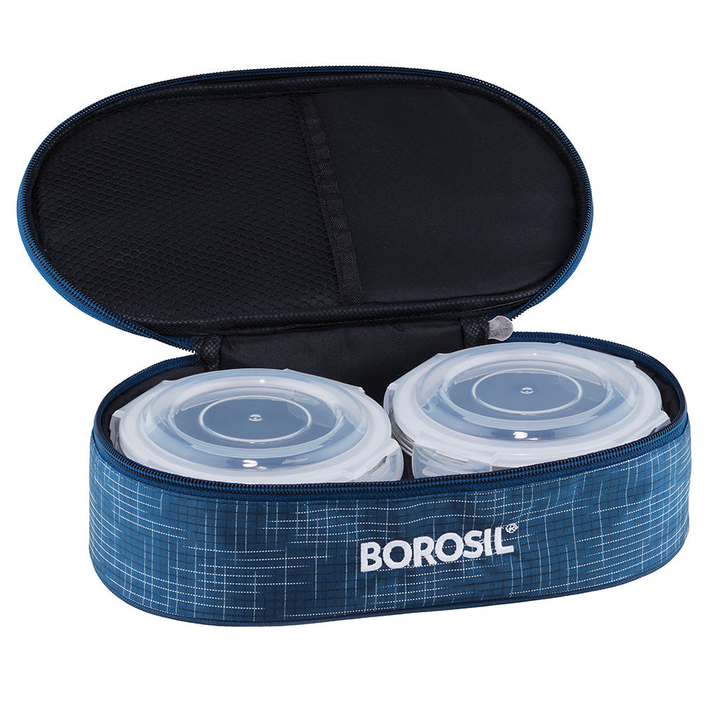 My Borosil Glass Lunchboxes 400 ml x 2 Indigo Glass Lunchbox, Round x 2 (Flat Bag)