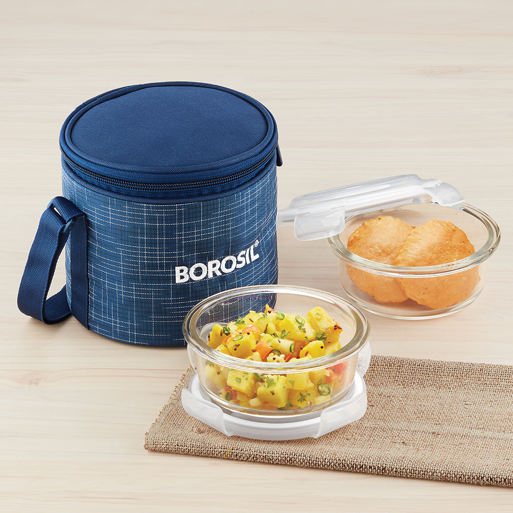 Borosil Indigo Glass Lunchbox, Round x 2 (Tall Bag), 400ml x 2