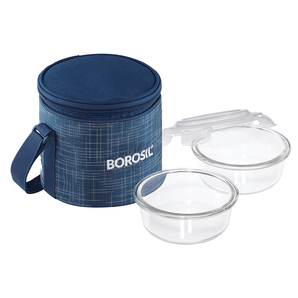 My Borosil Glass Lunchboxes 400 ml x 2 Indigo Glass Lunchbox, Round x 2 (Tall Bag)