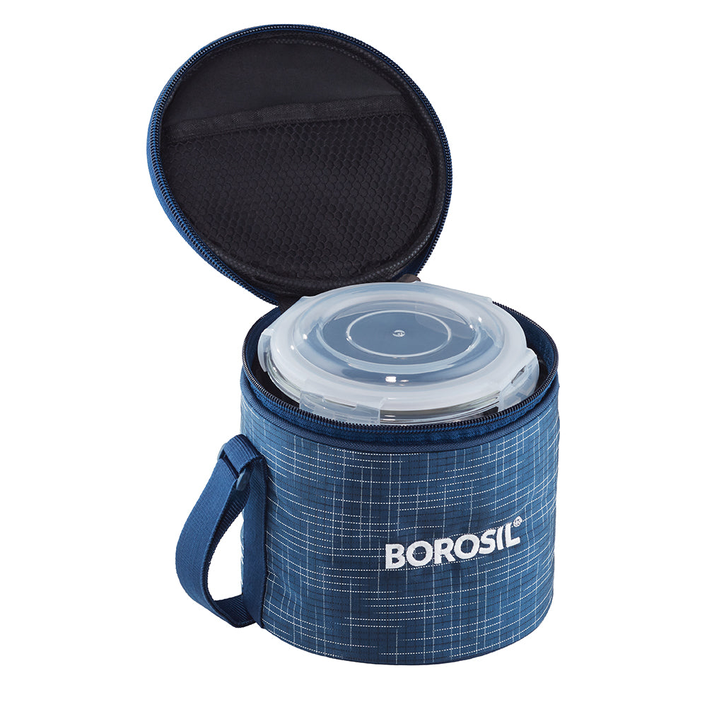 My Borosil Glass Lunchboxes 400 ml x 2 Indigo Glass Lunchbox, Round x 2 (Tall Bag)