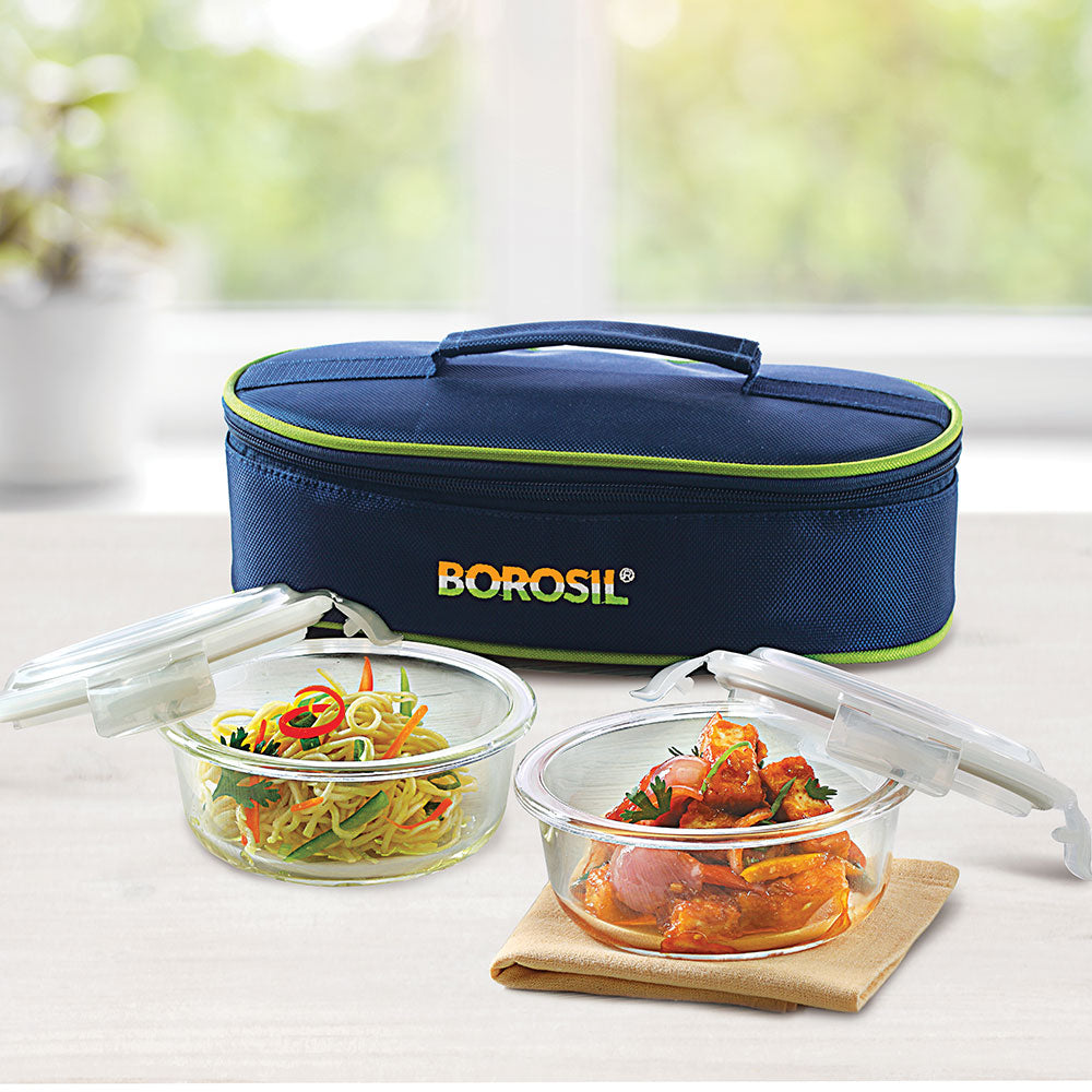 My Borosil Glass Lunchboxes 400 ml x 2 Prime Glass Lunch Box, Round x 2 (Flat Bag)