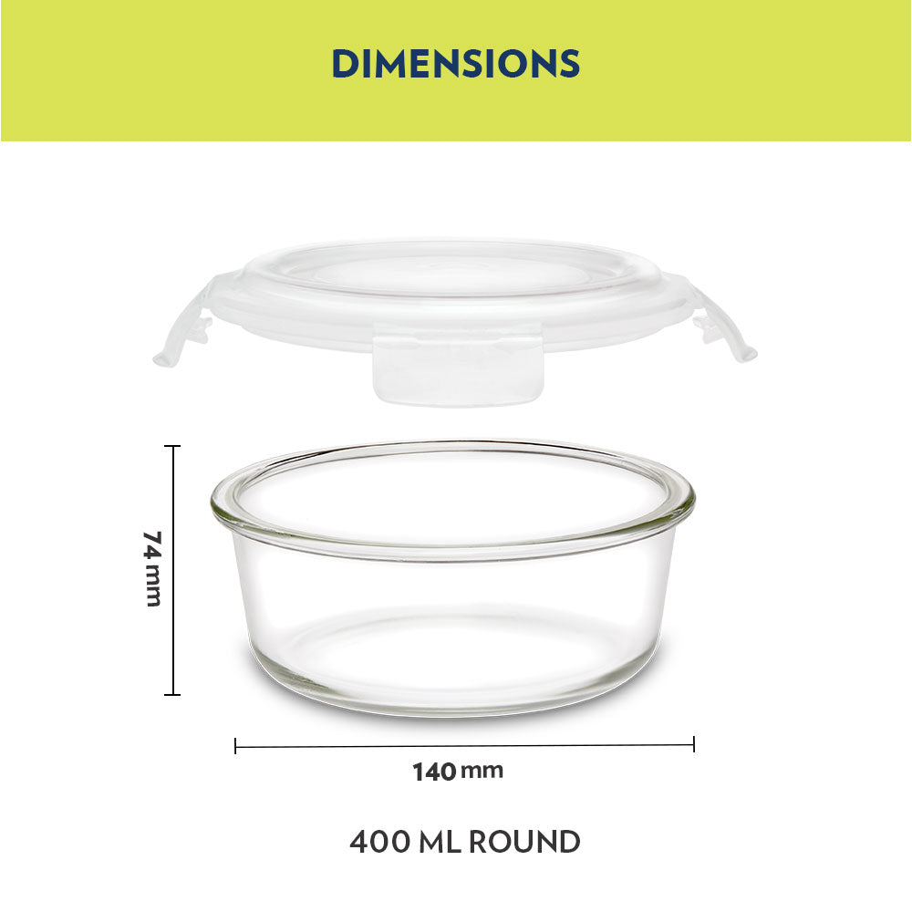 My Borosil Glass Lunchboxes 400 ml x 2 Prime Glass Lunch Box, Round x 2 (Flat Bag)