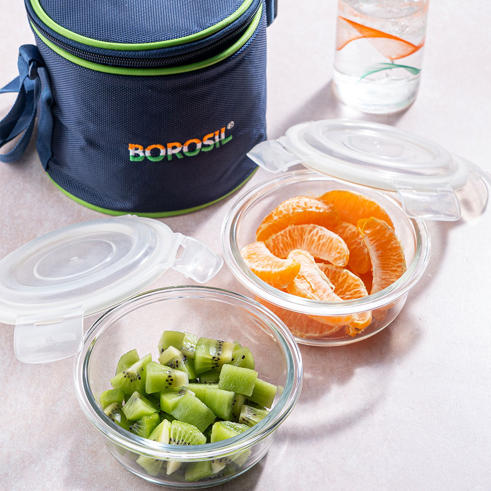 My Borosil Glass Lunchboxes 400 ml x 2 Prime Glass Lunch Box, Round x 2 (Tall Bag)