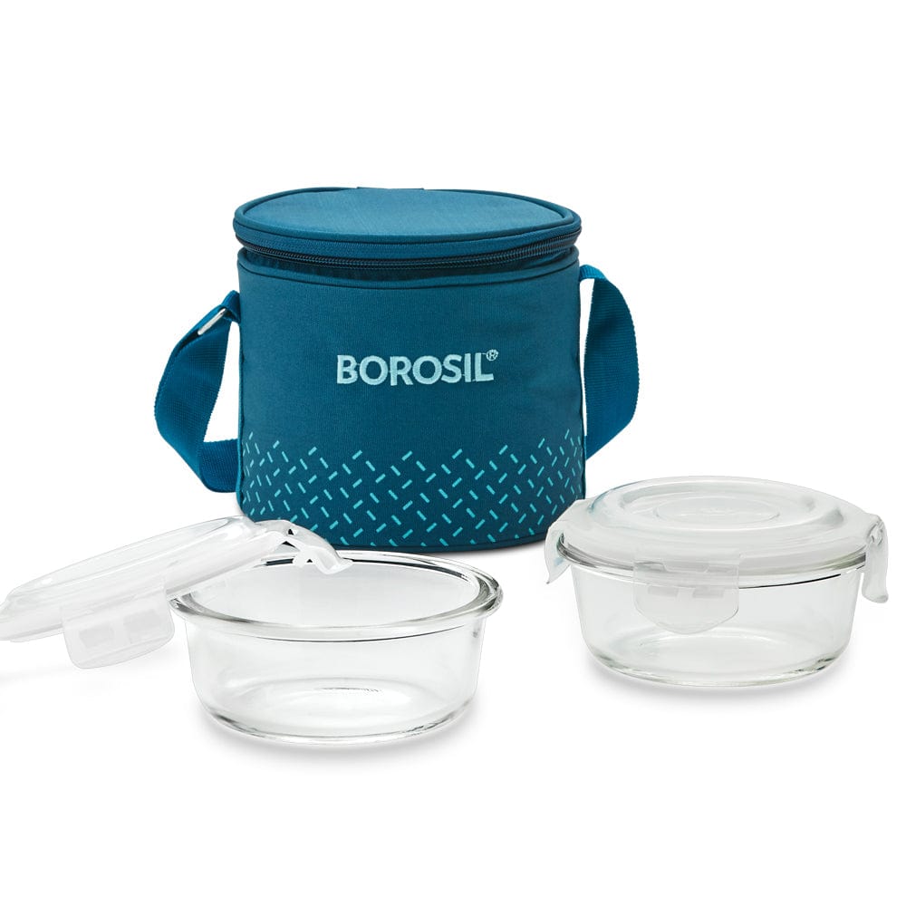 My Borosil Glass Lunchboxes 400 ml x 2 Teal Glass Lunchbox, Round x 2 (Tall Bag)