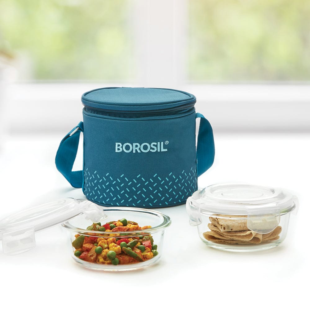 My Borosil Glass Lunchboxes 400 ml x 2 Teal Glass Lunchbox, Round x 2 (Tall Bag)