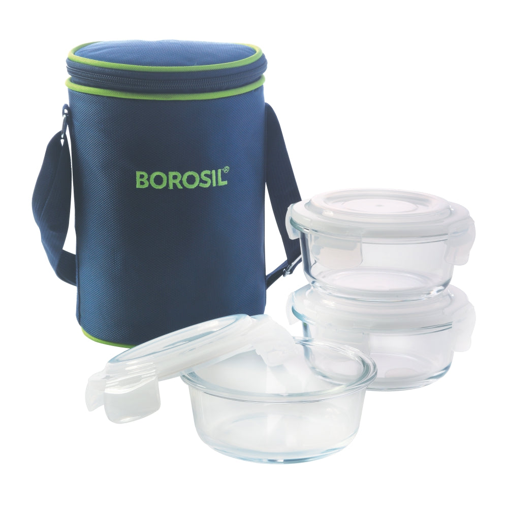 My Borosil Glass Lunchboxes 400 ml x 3 Blue Glass Lunchbox, Round x 3