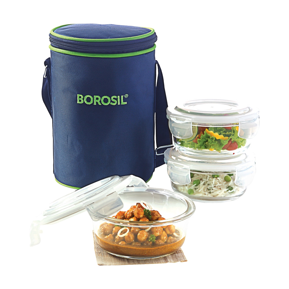 My Borosil Glass Lunchboxes 400 ml x 3 Blue Glass Lunchbox, Round x 3