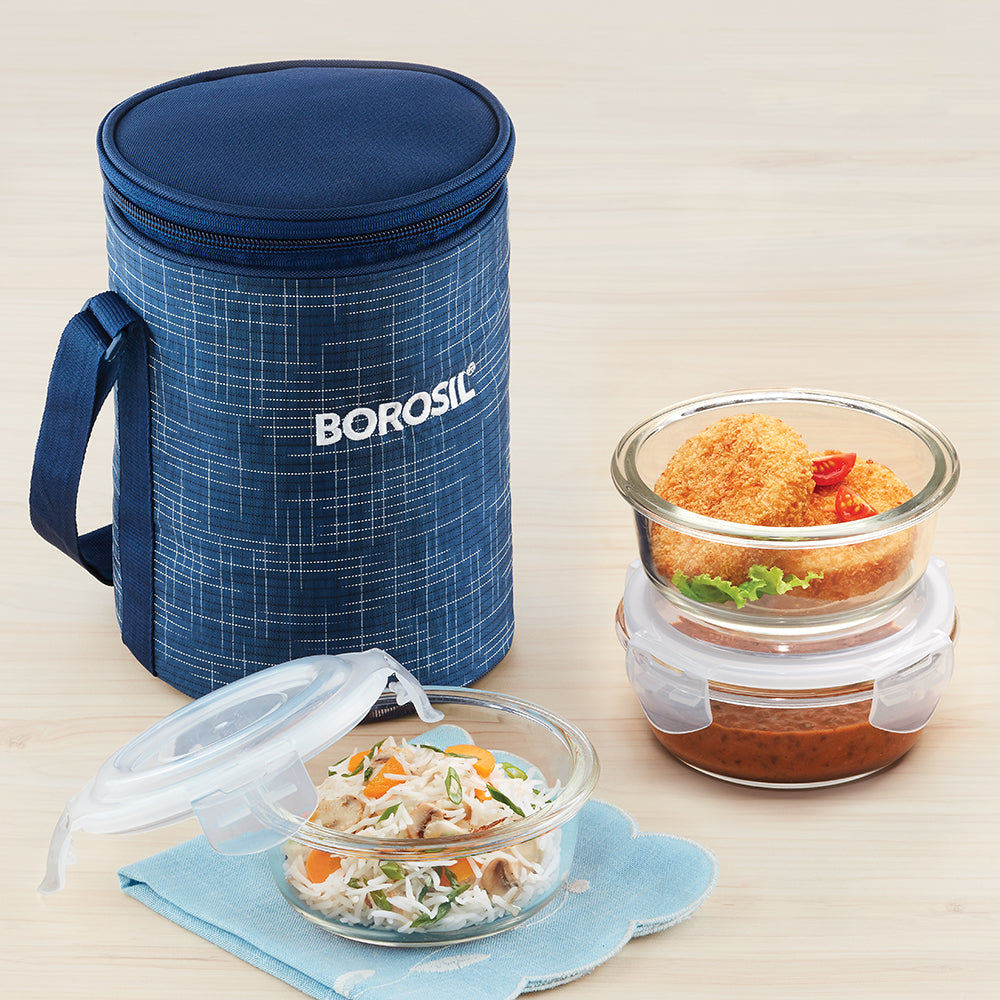Borosil Indigo Glass Lunch Box, 3 Round, 400ml x 3