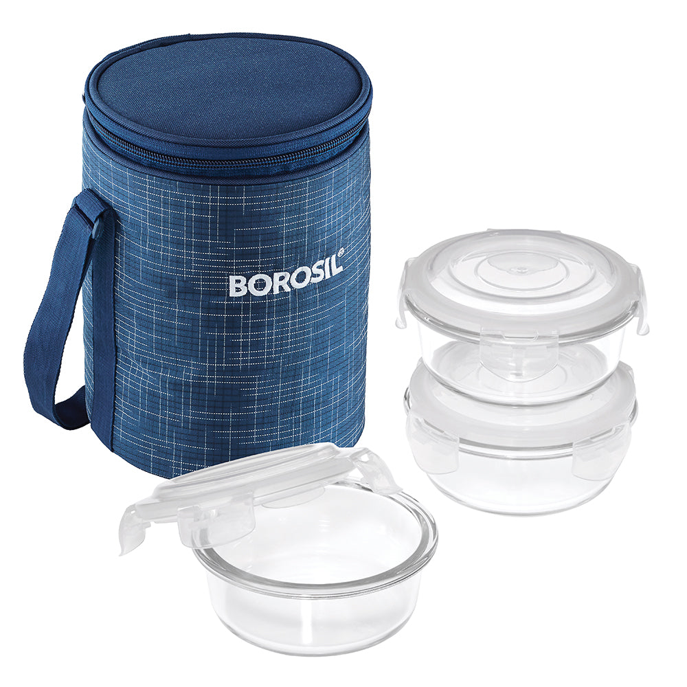 My Borosil Glass Lunchboxes 400 ml x 3 Indigo Glass Lunch Box, 3 Round