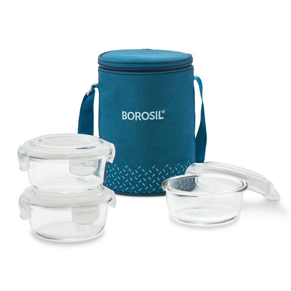 My Borosil Glass Lunchboxes 400 ml x 3 Teal Glass Lunchbox, Round x 3