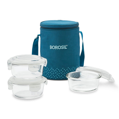 My Borosil Glass Lunchboxes 400 ml x 3 Teal Glass Lunchbox, Round x 3
