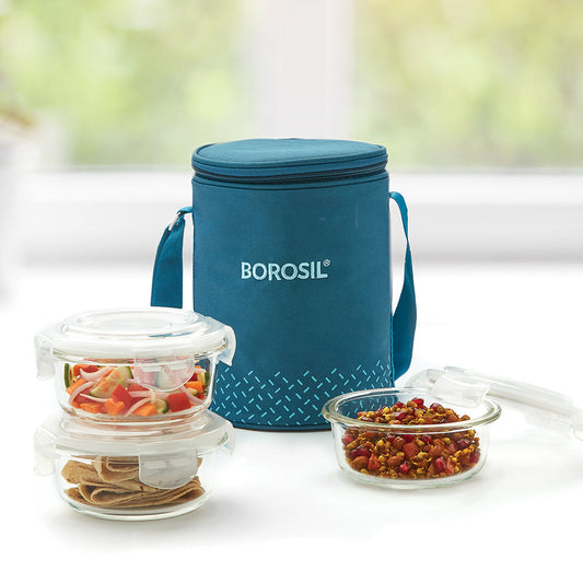 My Borosil Glass Lunchboxes 400 ml x 3 Teal Glass Lunchbox, Round x 3