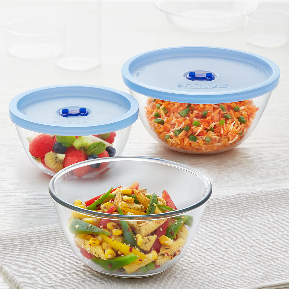 My Borosil Glass Mixing & Serving Bowls 500 ml + 1.3 L + 2.5 L 2 Bowls w Blue Lid + 1 Bowl w/o Lid