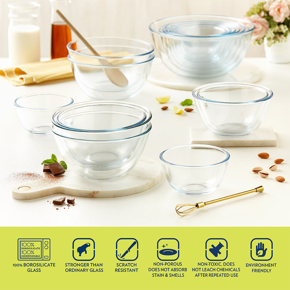 My Borosil Glass Mixing & Serving Bowls 500 ml + 1.3 L + 2.5 L 2 Bowls w Blue Lid + 1 Bowl w/o Lid