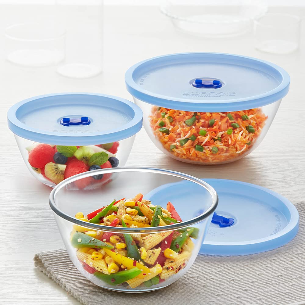 My Borosil Glass Mixing & Serving Bowls 500 ml + 900 ml + 1.3 L Mixing Bowl w Blue Lid Set of 3