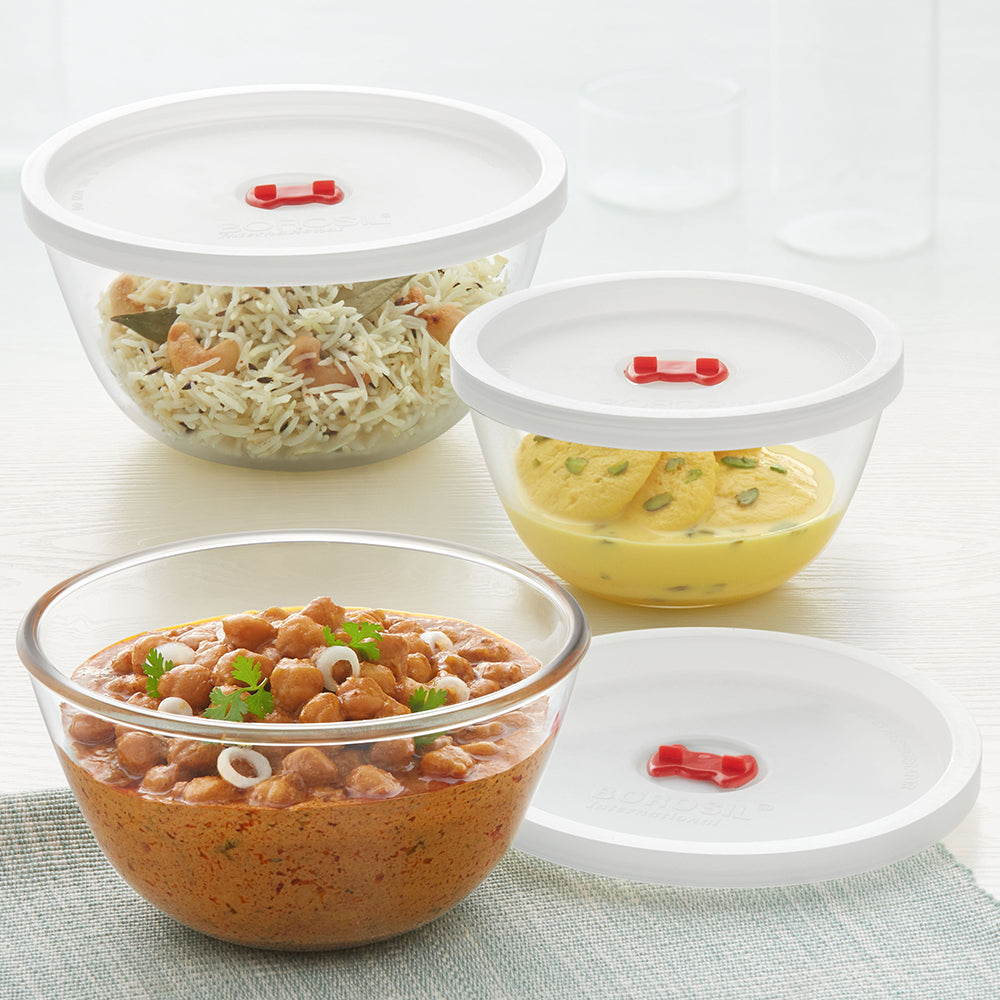 My Borosil Glass Mixing & Serving Bowls 500 ml + 900 ml + 1.3L Basic Mixing Bowl w Lid Set of 3