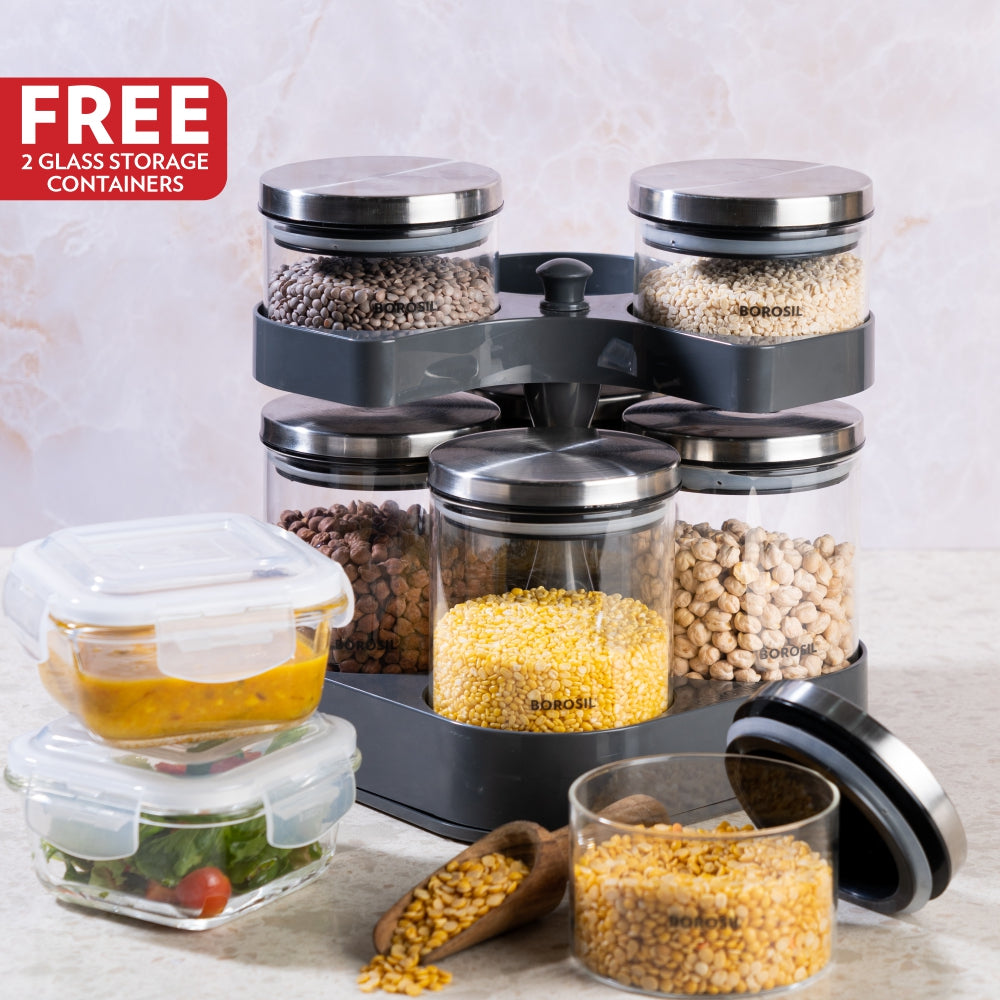 My Borosil Mothers Day Combo Spin & Store, Set of 7 Jars w/ 2 Klip-N-Store Glass Storage Containers
