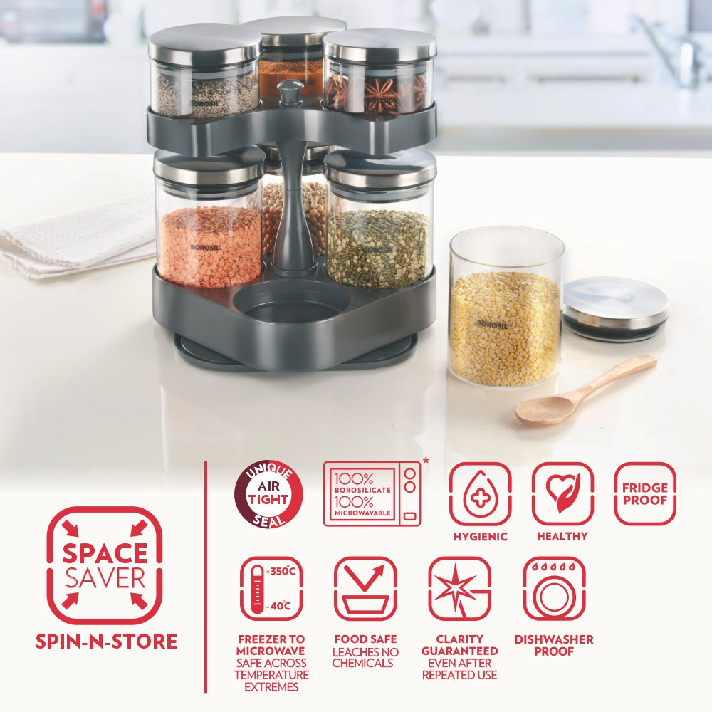 My Borosil Mothers Day Combo Spin & Store, Set of 7 Jars w/ 2 Klip-N-Store Glass Storage Containers