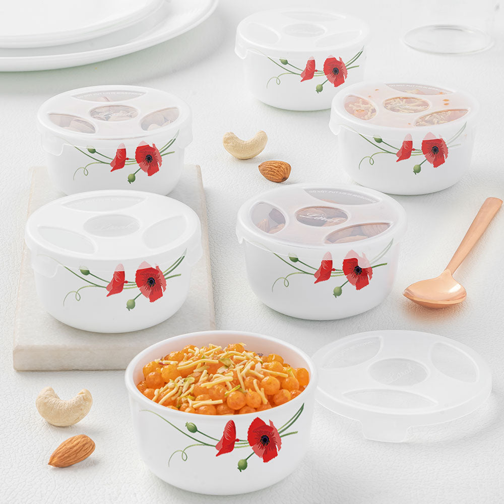 My Borosil Opalware Bowls & Katoris 12 pc Set Red Carnation Katori w Lid