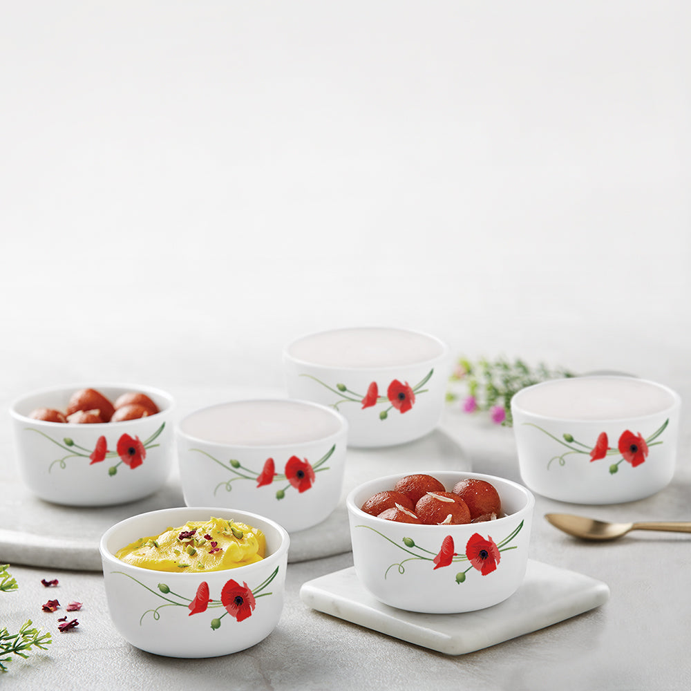 Larah by Borosil Red Carnation Katori, 6 pc