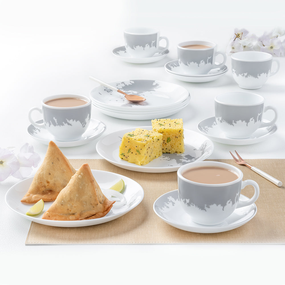 My Borosil Opalware Breakfast & Snack Sets 18 pc Set Silver Luna Snack Set w Cups n Saucer