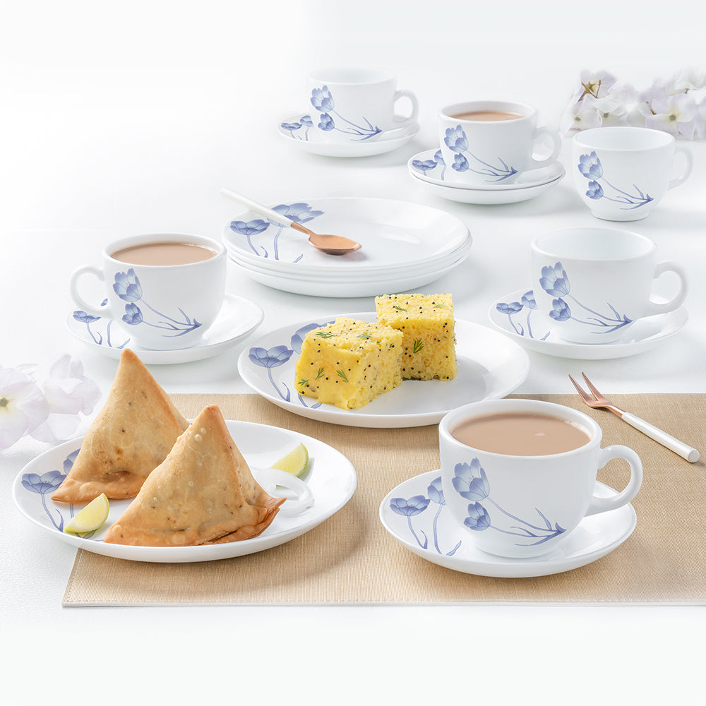 My Borosil Opalware Breakfast & Snack Sets 18 pc Set Skyleaf Blue Snack Set w Cups n Saucer