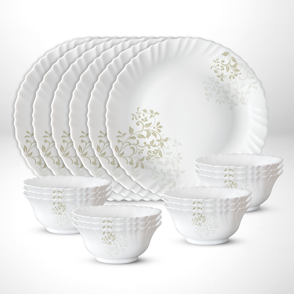 Larah by Borosil Ingot Thali Set, 6 Plates + 12 Bowls