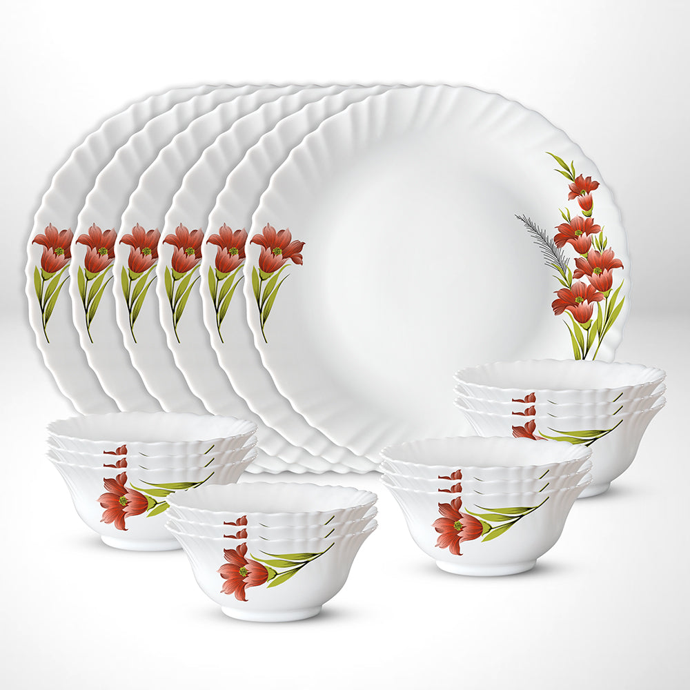 My Borosil Opalware Plate Sets 6 Plates + 12 Bowls Red Iris Thali Set