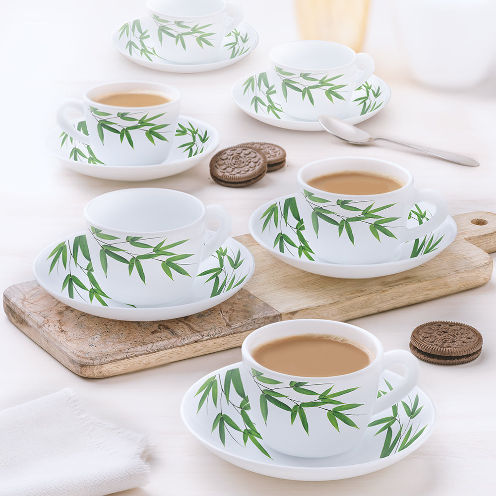 My Borosil Opalware Tea Cups & Tea Sets 140 ml x 6 Bamboo Leaves Cup n Saucers Set