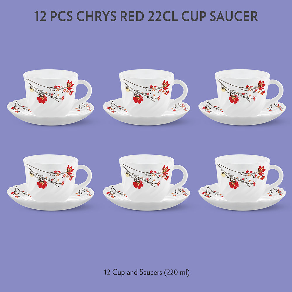 My Borosil Opalware Tea Cups & Tea Sets 220 ml x 6 Chrys Red Cup & Saucer Set