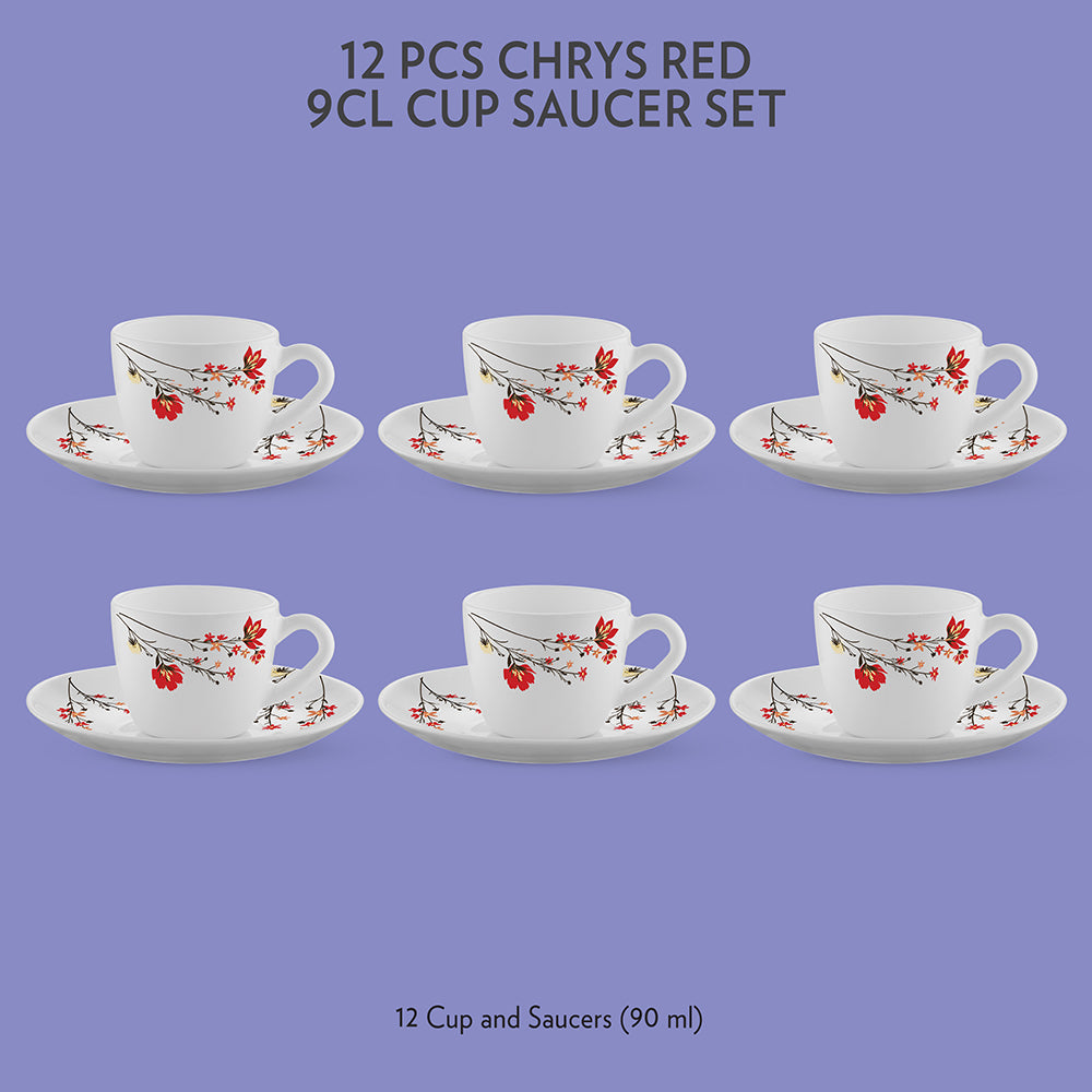 My Borosil Opalware Tea Cups & Tea Sets 90 ml x 6 Chrys Red Cup & Saucer Set