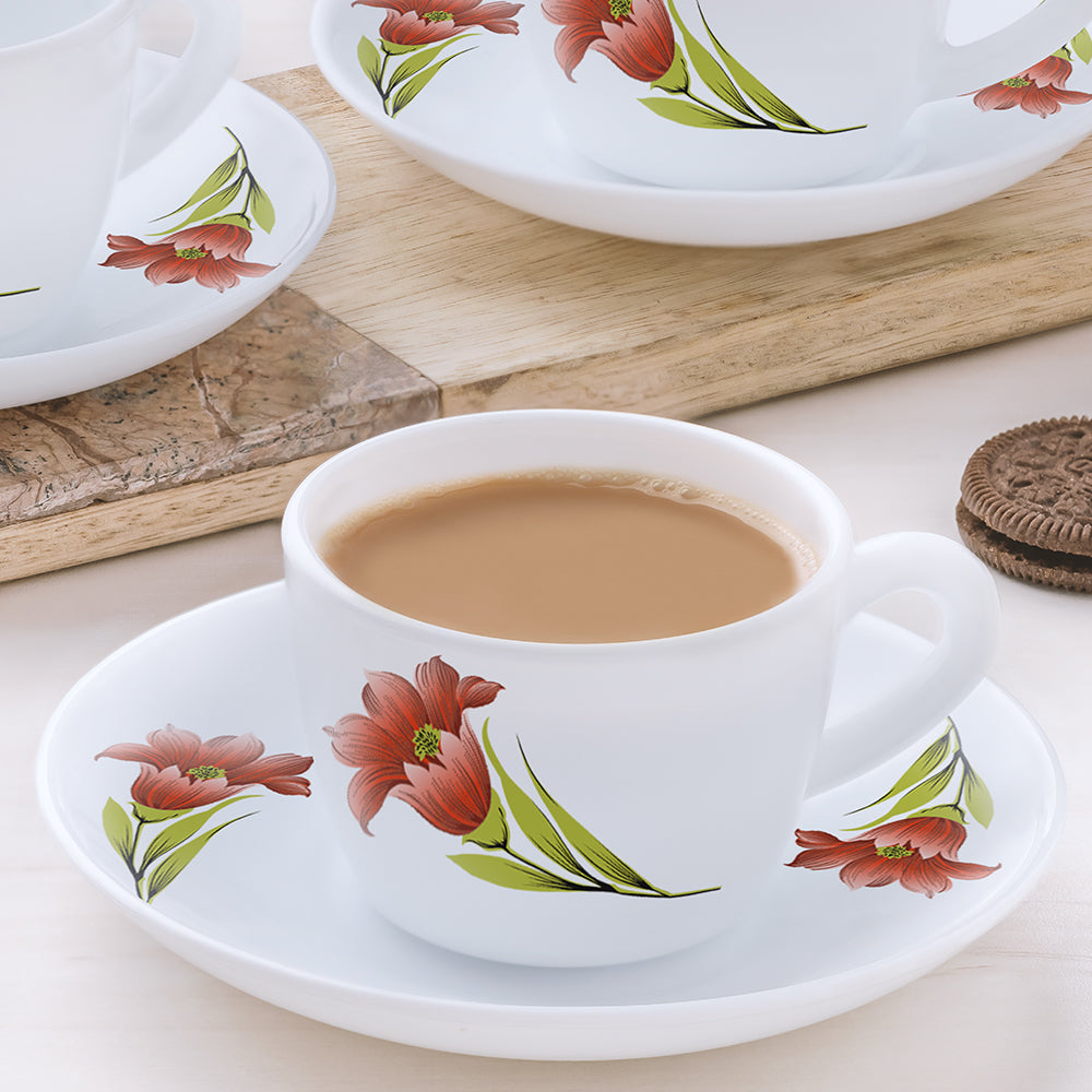 My Borosil Opalware Tea Cups & Tea Sets Red Iris Cup n Saucers Set