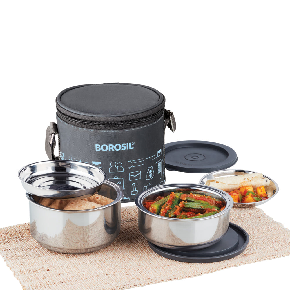 My Borosil Stainless Steel Lunchboxes 180 ml + 280 ml Carryfresh Lunchbox, Set of 2, Large