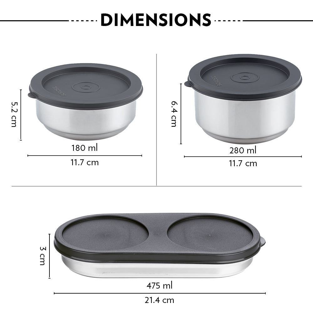 My Borosil Stainless Steel Lunchboxes (475 ml x 1) + (180 ml x 2) Carryfresh Lunchbox, Set of 3