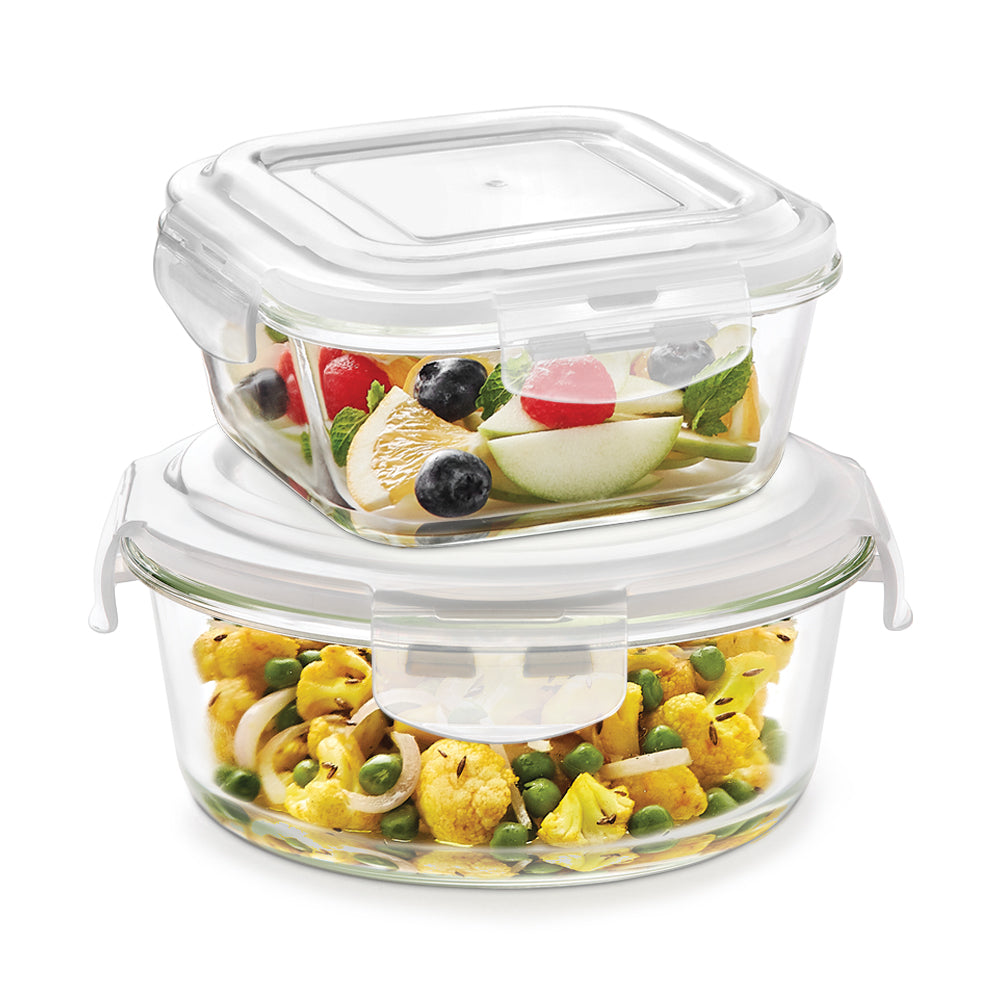 My Borosil Storage Containers 320 ml + 400 ml Klip n Store Square + Round Set of 2 Glass Container