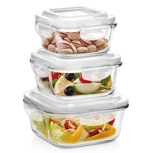 My Borosil Storage Containers 320 ml + 520 ml + 800 ml Klip n Store Square Set of 3 Glass Container
