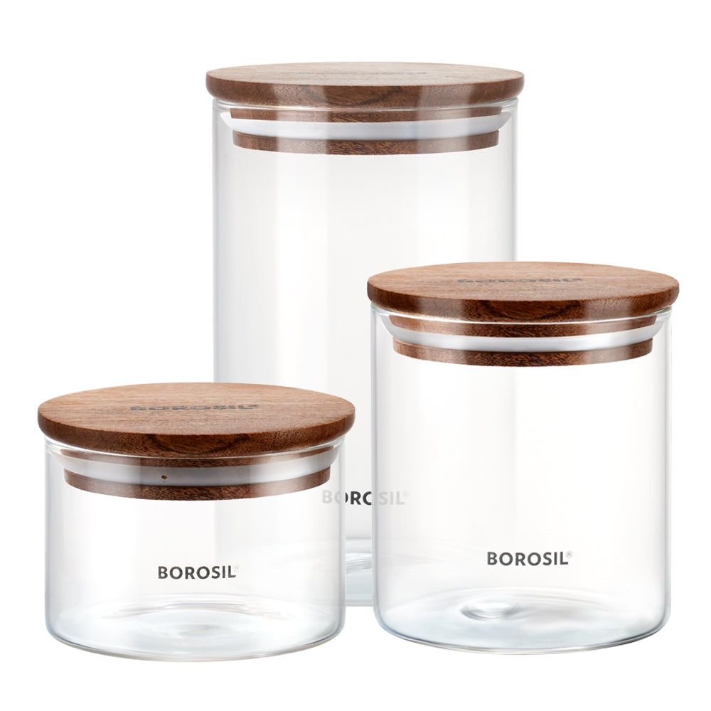 My Borosil Storage Jars 300 ml + 600 ml + 900 ml Classic Jar with Wooden Lid, Set of 3