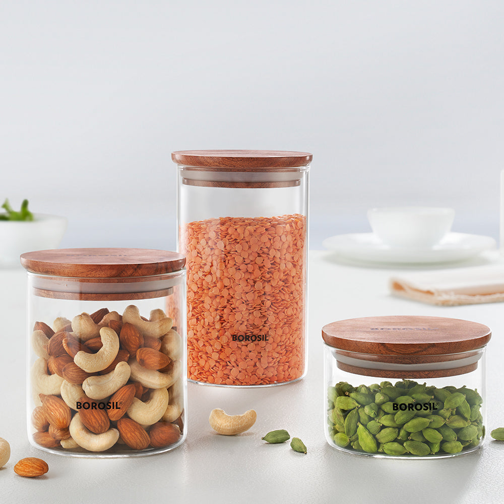 My Borosil Storage Jars 300 ml + 600 ml + 900 ml Classic Jar with Wooden Lid, Set of 3