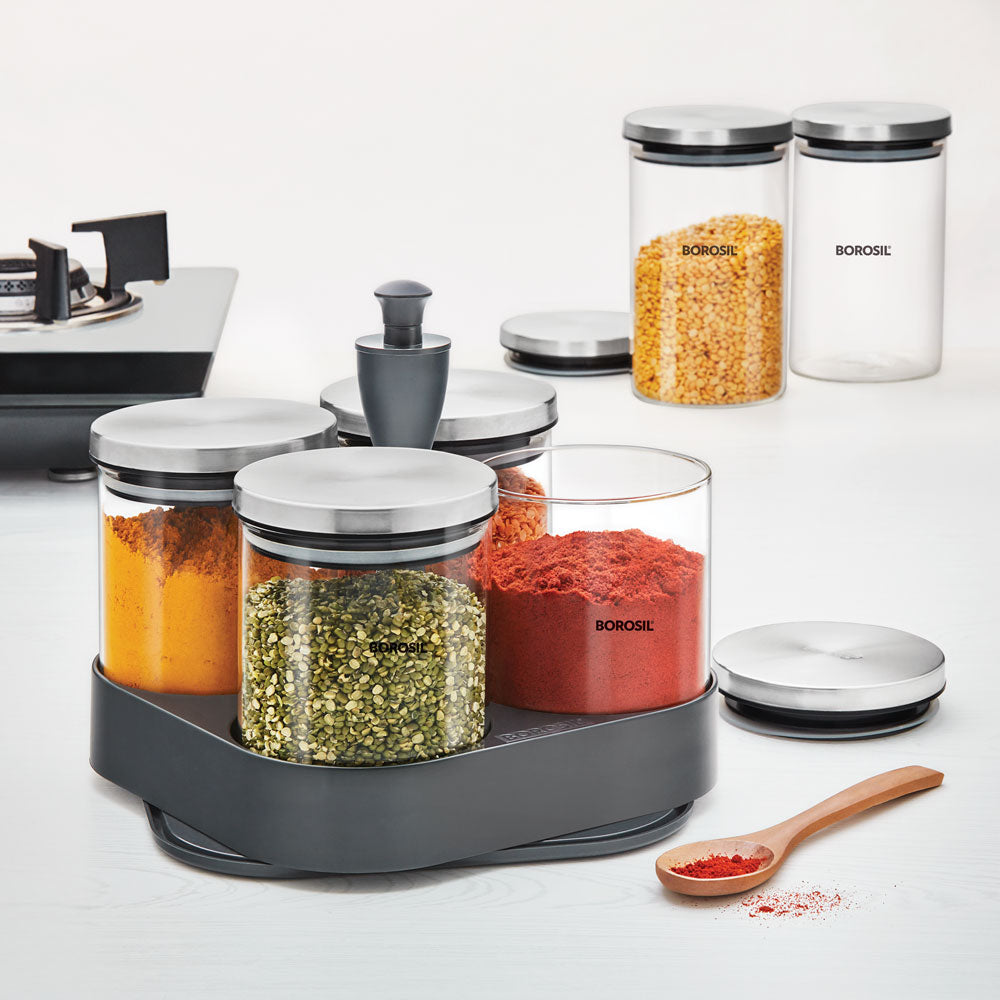 My Borosil Storage Jars 4 pc Set Spin n Store Tray w 4 Classic Jars