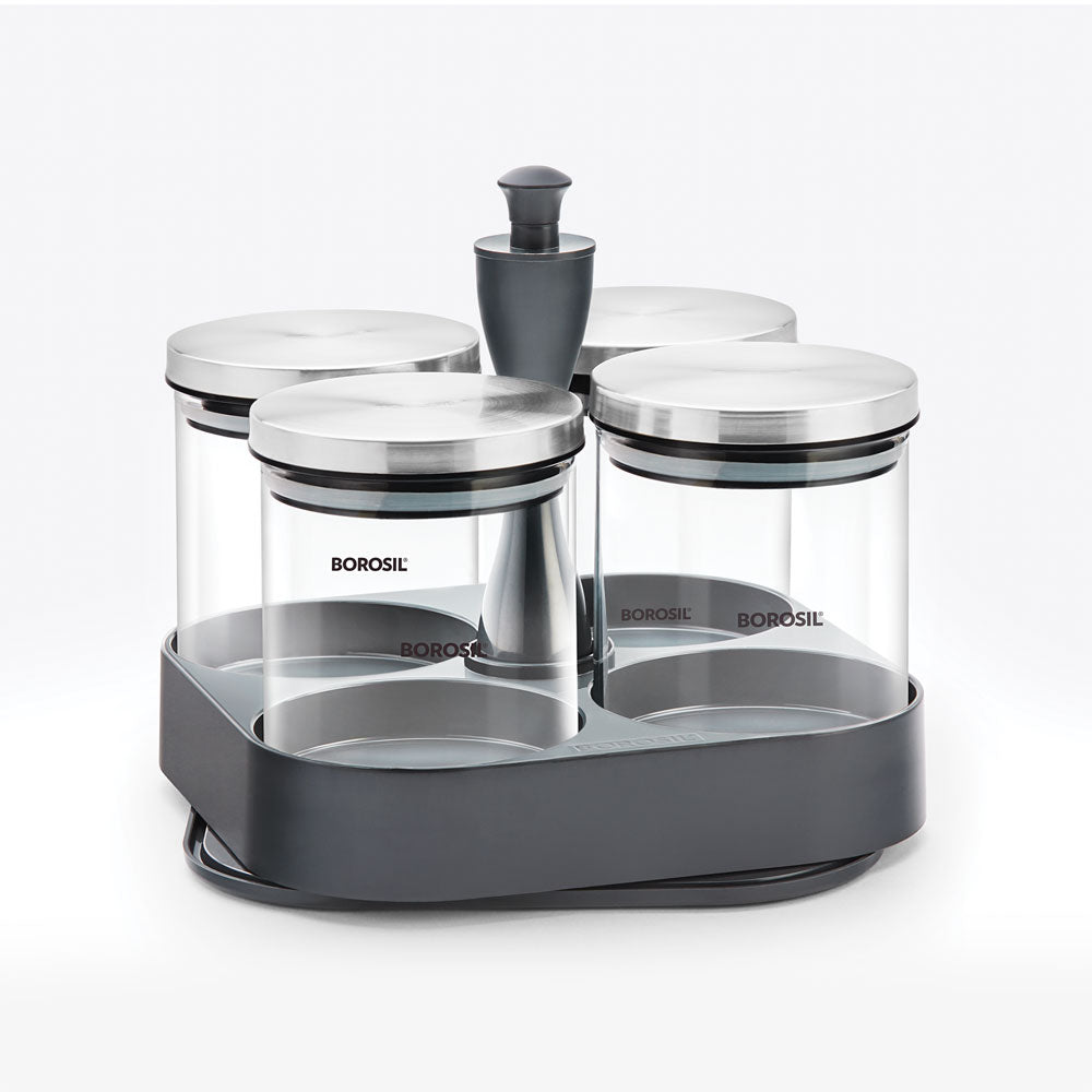 My Borosil Storage Jars 4 pc Set Spin n Store Tray w 4 Classic Jars