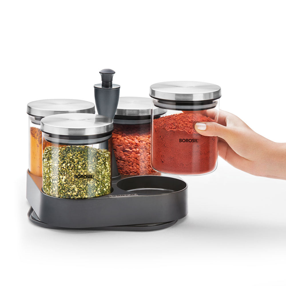 My Borosil Storage Jars 4 pc Set Spin n Store Tray w 4 Classic Jars