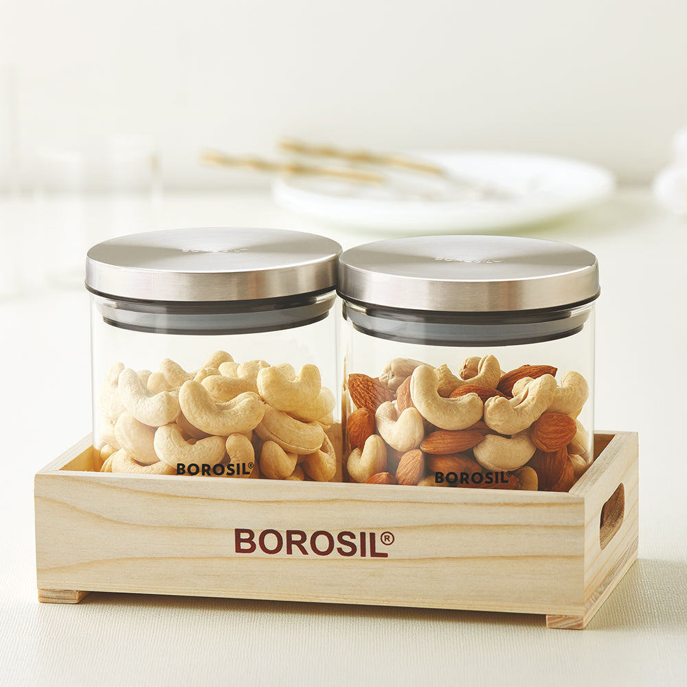 My Borosil Storage Jars 600 ml x 2 2 Classic Jars w Wooden Tray