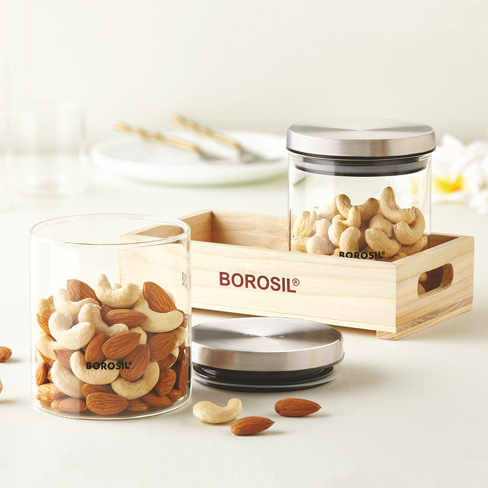 My Borosil Storage Jars 600 ml x 2 2 Classic Jars w Wooden Tray