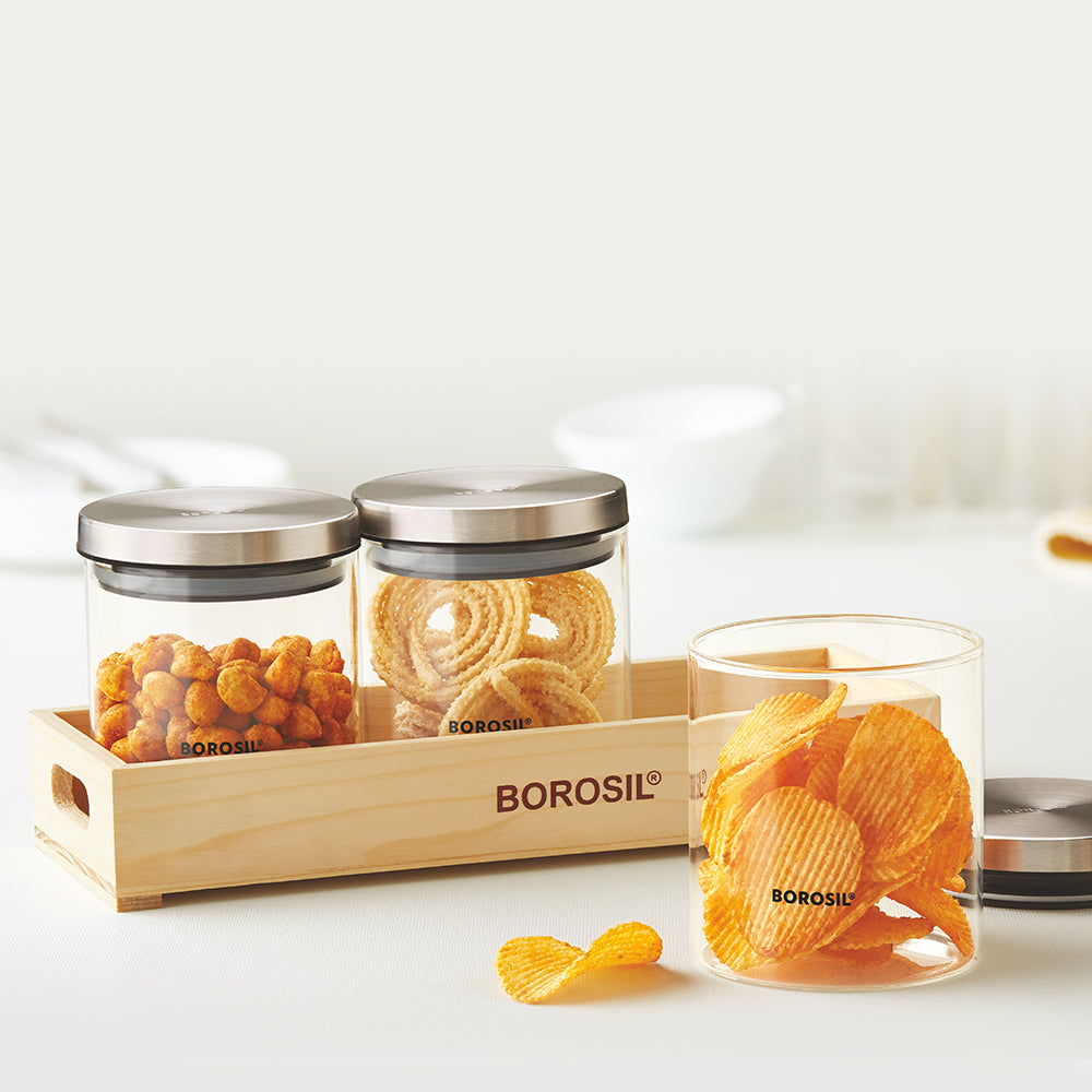 My Borosil Storage Jars 600 ml x 3 3 Classic Jars w Wooden Tray