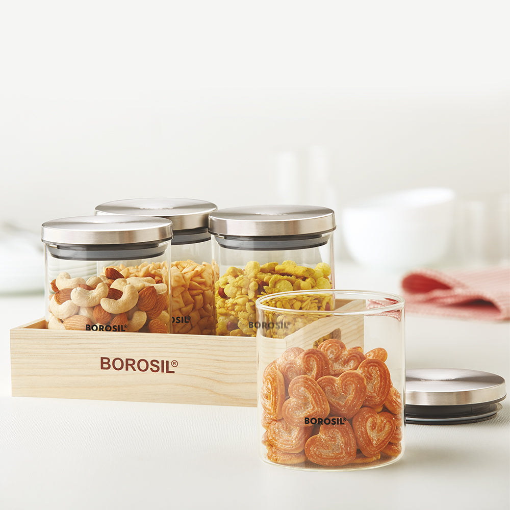 Borosil 4 Classic Jars w Wooden Tray, 600ml x 4
