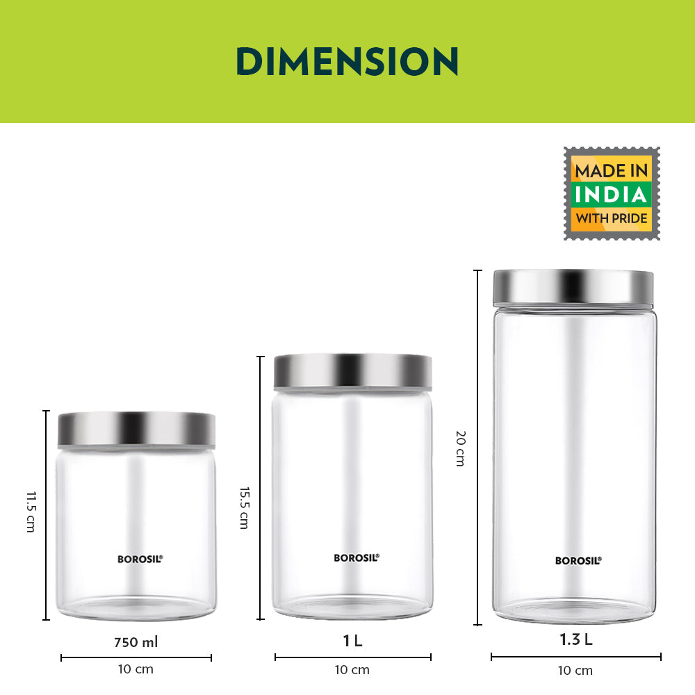 My Borosil Storage Jars 750 ml + 1L+ 1.3L Endura Airtight Glass Jar Set of 3