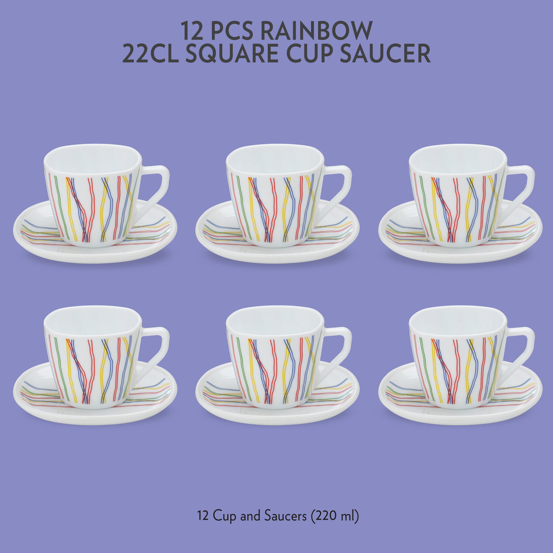 My Borosil Opalware Tea Cups & Tea Sets 220 ml x 6 Rainbow Square Cup & Saucer Set